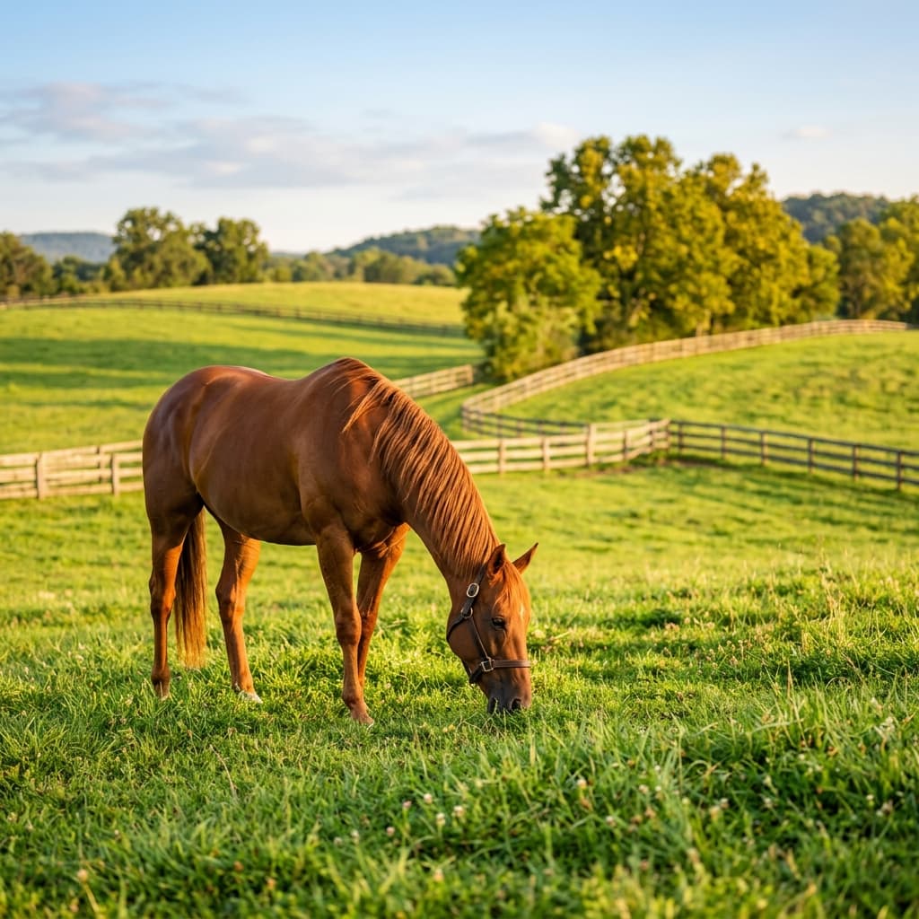 A healthy chestnut horse in a green pasture - best horse dewormer buyer's guide