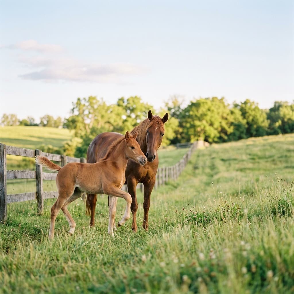 A young foal standing next to its mother in a green pasture - horse dewormer for foals guide