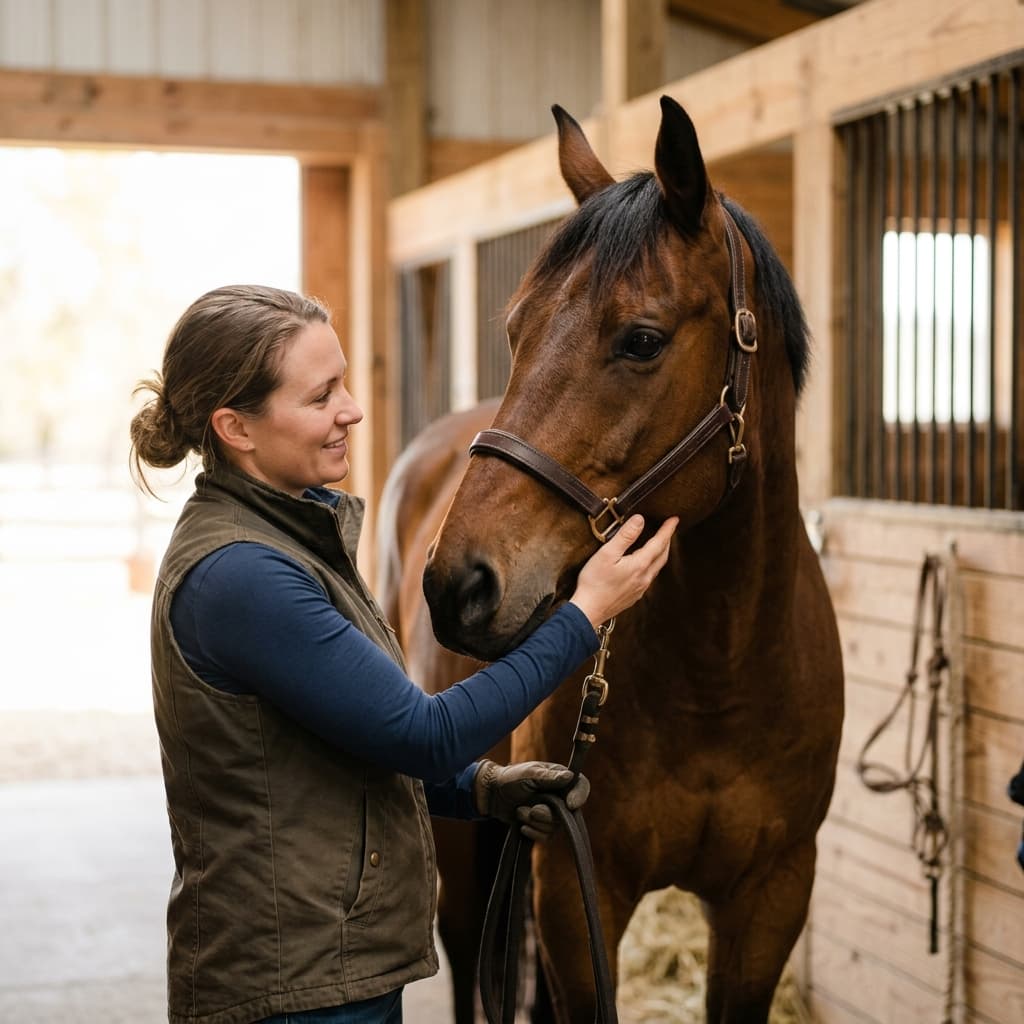 A horse owner gently handling a calm horse in a barn - how to give horse dewormer paste