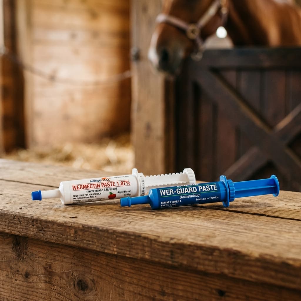 Equine dewormer paste tubes on a barn surface - ivermectin paste for horses review