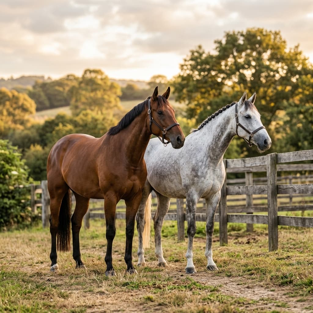 Two horses standing side by side in a paddock - moxidectin vs ivermectin comparison