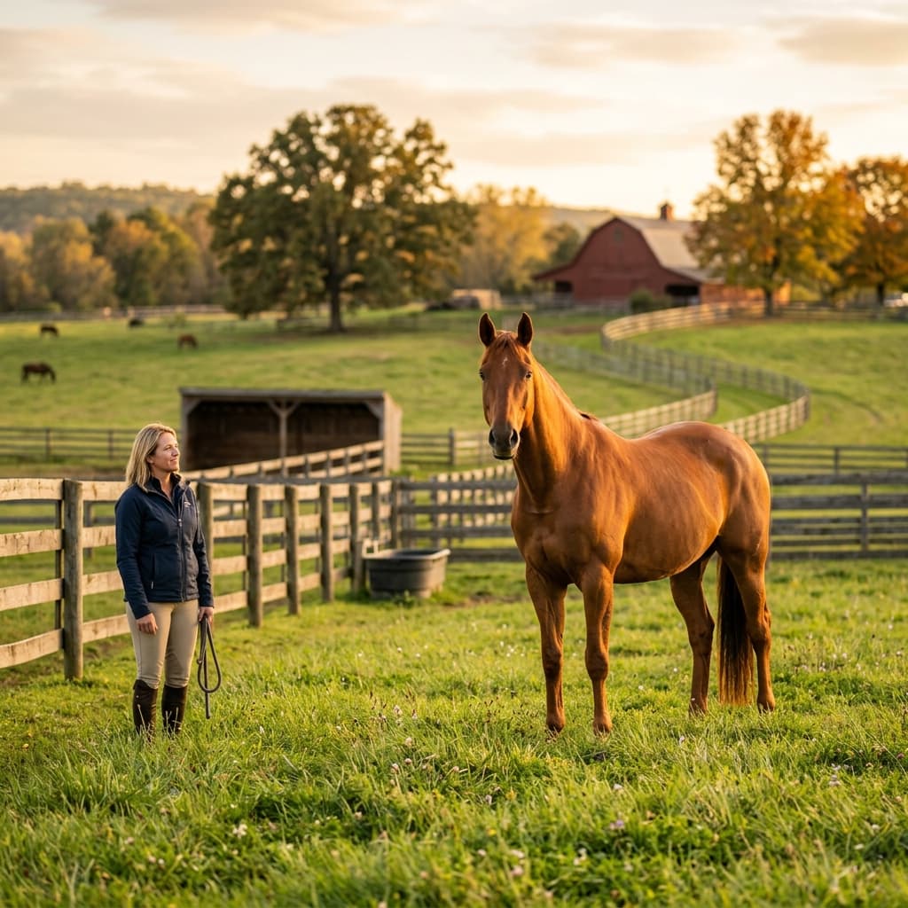 A horse standing alert in a paddock during golden hour - signs your horse needs deworming